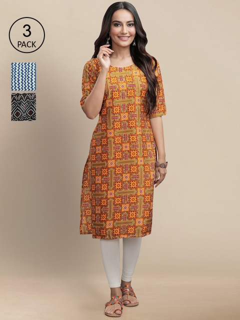 

KALINI Women Pack of 3 Ethnic Motifs Printed Block Print Crepe Kurtas, Mustard