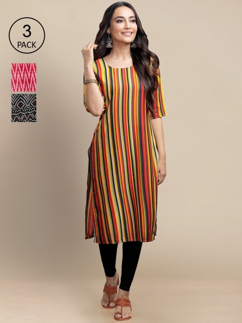 

KALINI Women Pack Of 3 Coral & Black Striped Crepe Kurtas