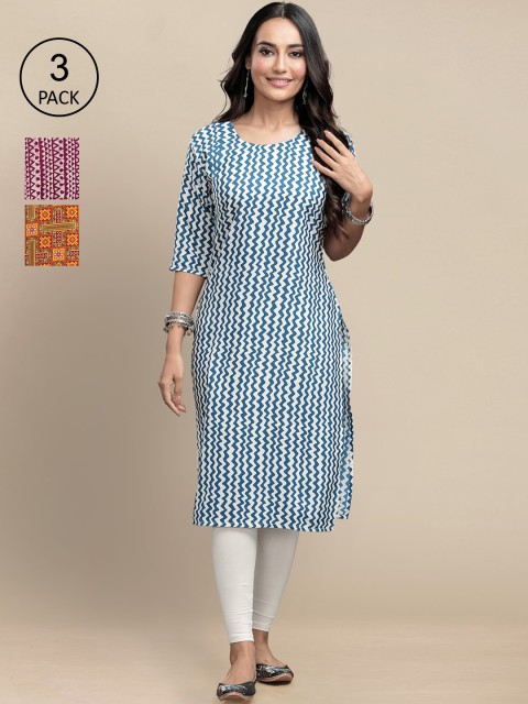 

KALINI Women Blue & Purple Pack of 3 Geometric Printed Crepe Kurta
