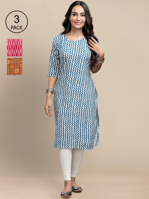 KALINI Women Pack of 6 Blue & Pink Printed Crepe Kurta