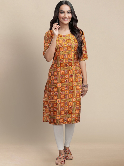 

KALINI Women Mustard Yellow & Navy Blue Ethnic Motifs Printed Block Print Crepe Kurta
