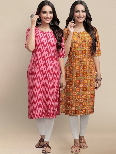 

KALINI Women Pack of 2 Ethnic Motifs Printed Crepe Kurtas, Red