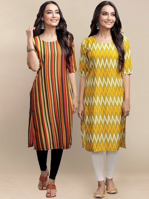 

KALINI Women Pack of 2 Multicoloured & Mustard Yellow Geometric Printed Crepe Kurta, Multi