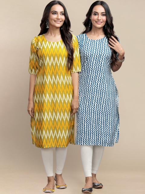 

KALINI Women Pack Of 2 Yellow & Blue Chevron Printed Block Print Crepe Kurta