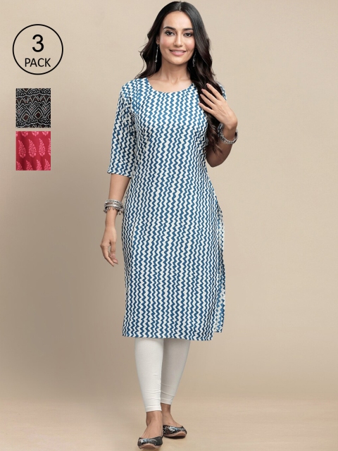 

KALINI Women Pack of 3 Ethnic Motifs Printed Crepe Kurta, Blue