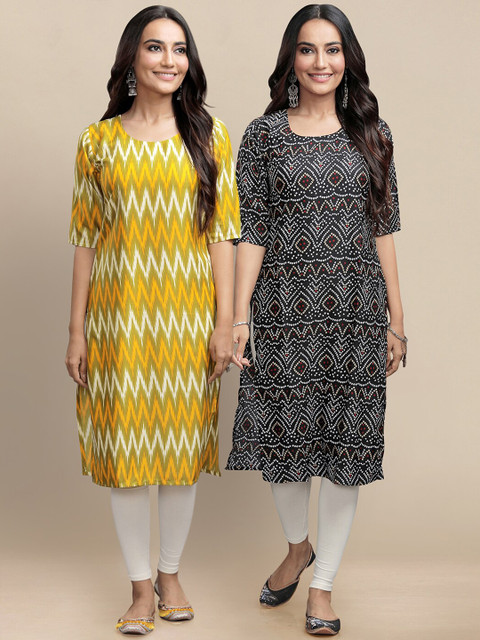 

KALINI Women Pack Of 2 Yellow & Black Printed Crepe Straight Kurta