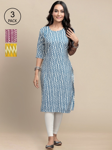 KALINI Women Pack of 3 Geometric Printed Crepe Kurta, Blue