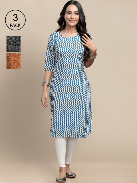 

KALINI Women Pack Of 3 Geometric Printed Block Print Crepe Kurtas, Blue