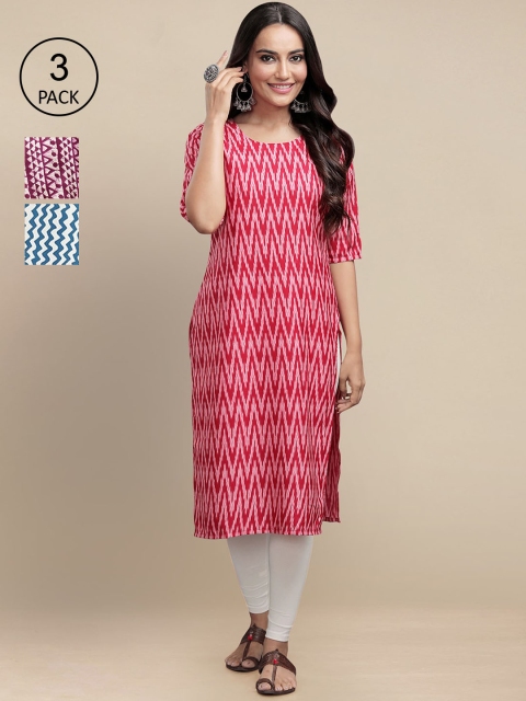 

KALINI Women Pack of 3 Printed Crepe Kurta, Pink