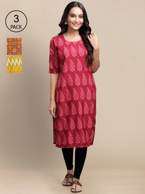KALINI Women Pack Of 3 Maroon & Yellow Ethnic Motifs Printed Crepe Kurta