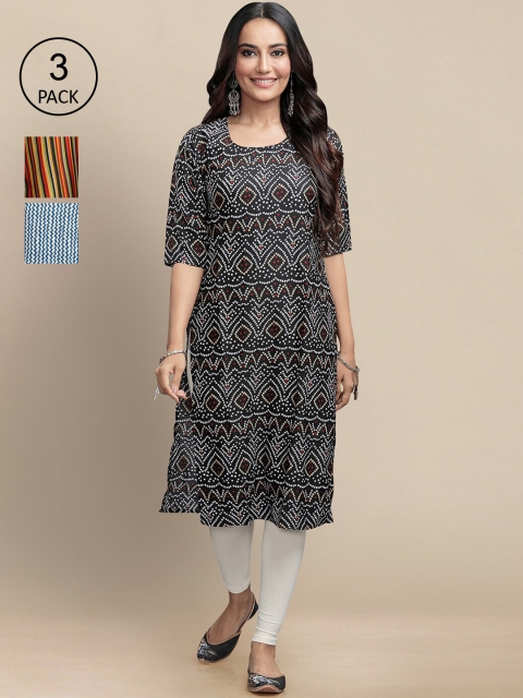 

KALINI Women Pack of 3 Ethnic Motifs Printed Block Print Crepe Kurtas, Black
