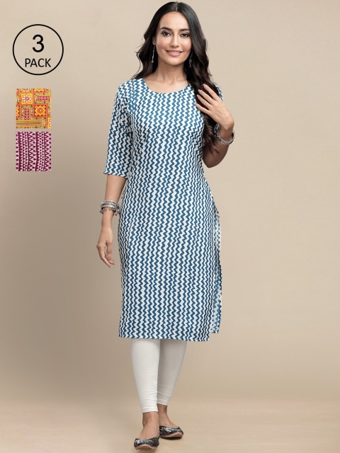 

KALINI Women Pack of 3 Geometric Printed Crepe Kurta, Blue