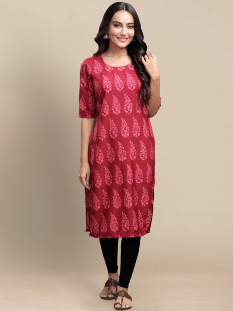 

KALINI Women Red & Blue Ethnic Motifs Printed Block Print Crepe Kurta