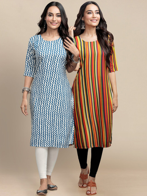 

KALINI Women Blue & White Pack Of 2 Geometric Printed Crepe Kurta