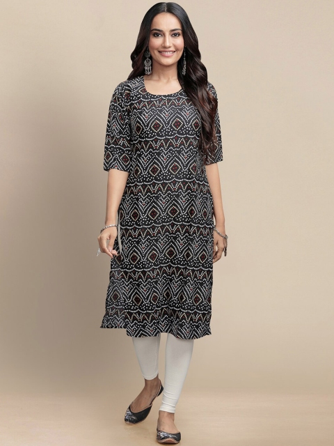 

KALINI Women Black & White Ethnic Motifs Printed Block Print Crepe Kurta