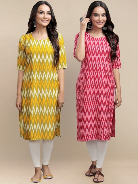 

KALINI Women Pack of 2 Yellow & Coral Geometric Crepe Kurtas