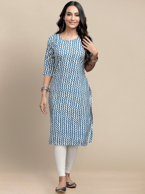 

KALINI Women Pack of 4 Geometric Printed Block Print Crepe Kurtas, Blue