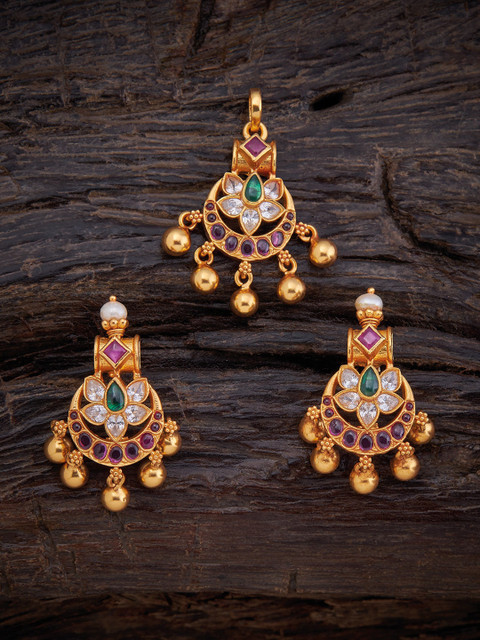 

Kushal's Fashion Jewellery Silver Temple Pendant & Earrings Jewellery Set, Red