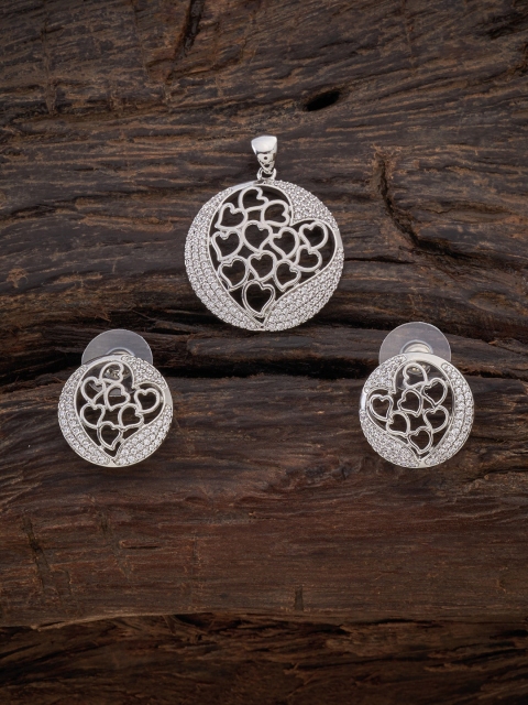 

Kushal's Fashion Jewellery Rhodium-Plated White CZ-Studded & Beaded Pendant Set