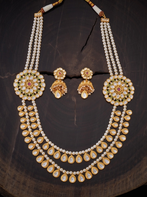 

Kushal's Fashion Jewellery Gold Plated Pink & White Stone Studded Jewellery Set