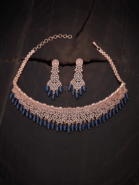 

Kushal's Fashion Jewellery Rose Gold-Plated Blue Zircon Studded Jewellery Set