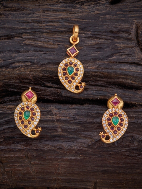

Kushal's Fashion Jewellery Red & Green Silver Temple Pendant Earring