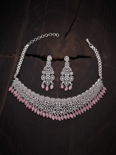 

Kushal's Fashion Jewellery Rhodium-Plated Pink CZ-Studded Jewellery Set