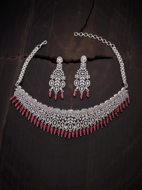 

Kushal's Fashion Jewellery Rhodium-Plated Red CZ-Studded & Beaded Jewellery Set, Silver