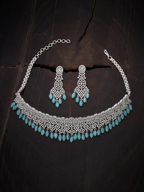 

Kushal's Fashion Jewellery Sea Green Rhodium Plated CZ Stones & Beads Jewellery Set