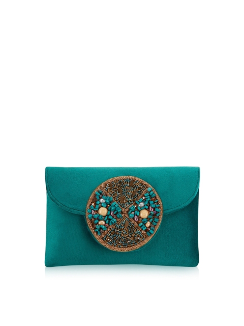 

INAAYA Women Teal & Gold-Toned Embellished Envelope Clutch