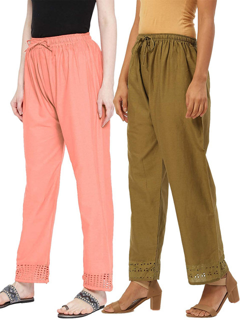 

Vastraa Fusion Women Peach-Coloured & Olive Green 2 Pure COtton Palazzos