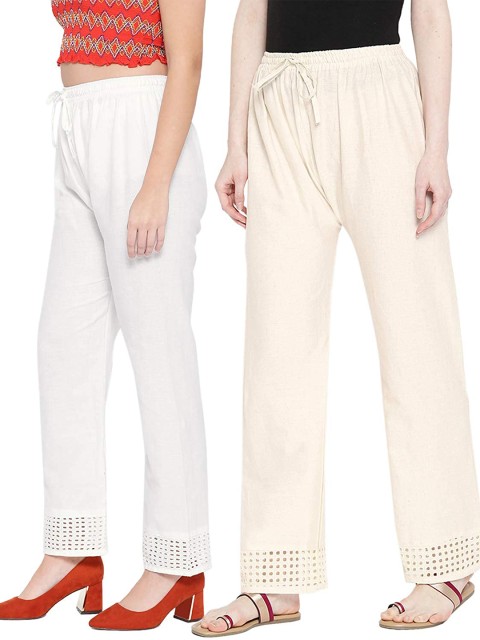 

Vastraa Fusion Women White & Biege Pack of 2 Solid Pure Cotton Palazzos