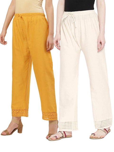 

Vastraa Fusion Women Pack of 2 Mustard Yellow & White Embroidered Palazzos