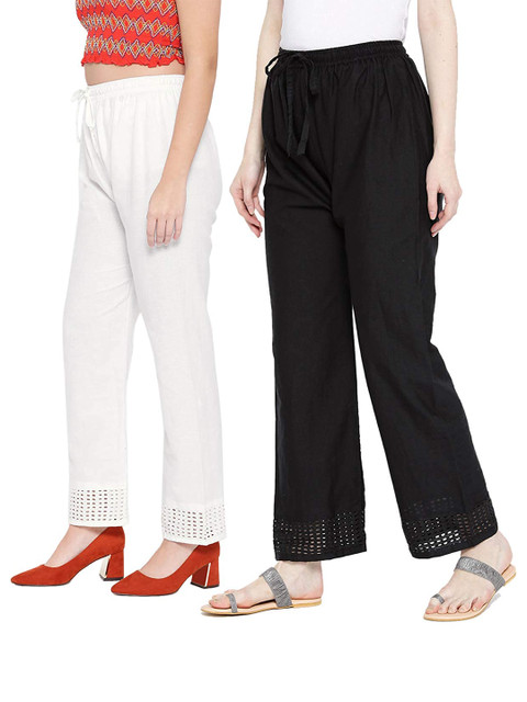

Vastraa Fusion Women White & Black Pack Of 2 Lace Straight fit Pure Cotton Palazzos