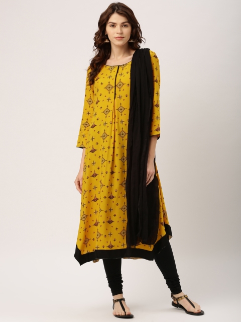 

IMARA Women Yellow & Black Printed Kurta with Churidar & Dupatta