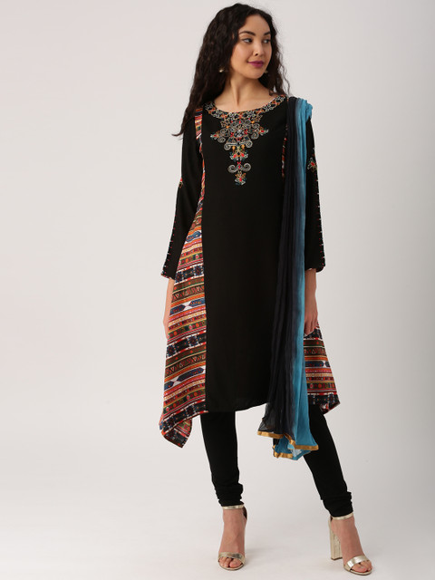 

IMARA Women Black Printed & Embroidered Churidar Kurta with Dupatta