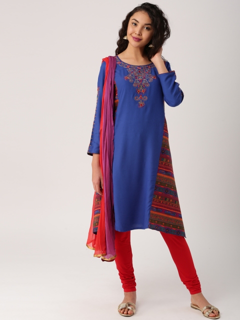 

IMARA Blue & Red Printed & Embroidered Churidar Kurta with Dupatta