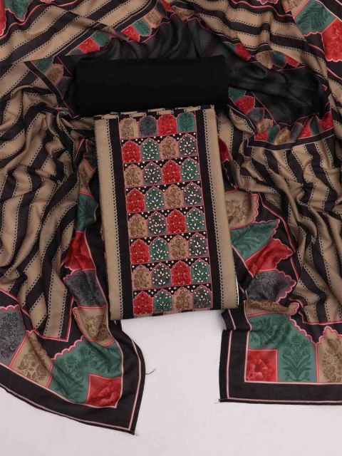

Leelyfab Camel Brown & Red Embroidered Art Silk Unstitched Dress Material