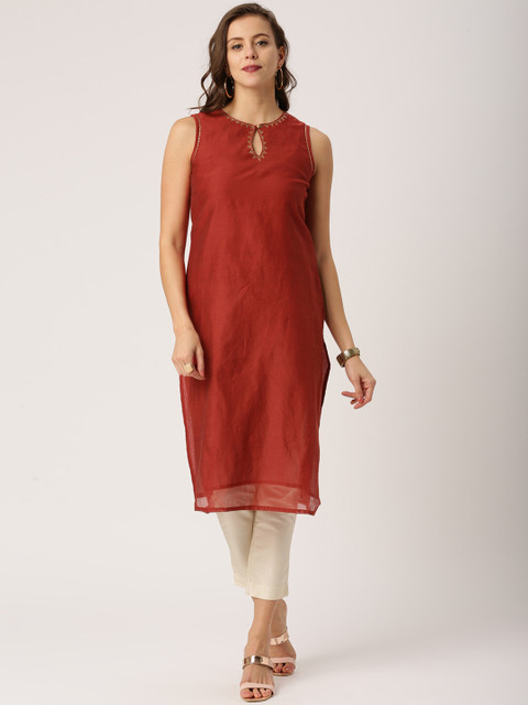 

IMARA Women Rust Red Solid A-Line Kurta