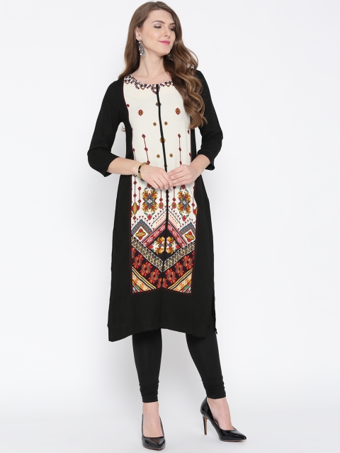 

IMARA Women Black & Off-White Printed Straight Kurta