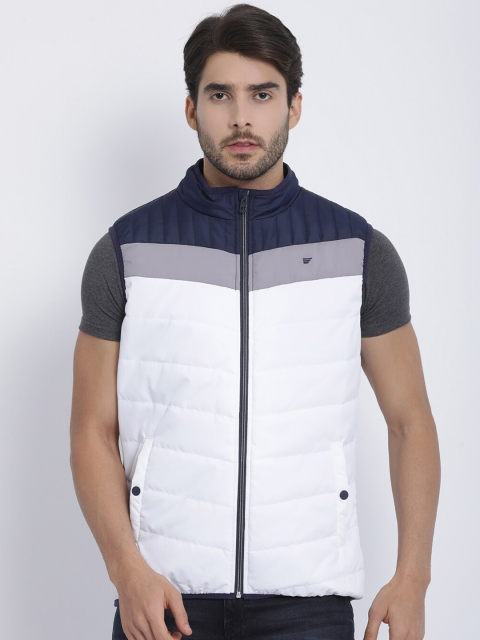 

t-base Men White Blue Colourblocked Windcheater Puffer Jacket