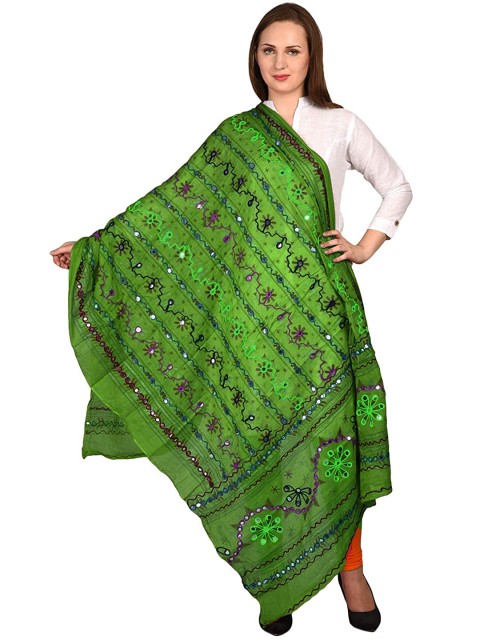 

Vastraa Fusion Green & Purple Paisley Embroidered Pure Cotton Dupatta with Thread Work