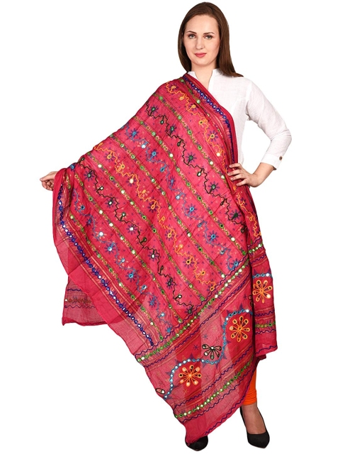 

Vastraa Fusion Red & Blue Embroidered Pure Cotton Block Print Dupatta with Thread Work