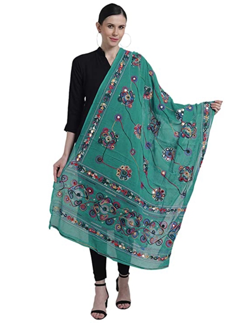 

Vastraa Fusion Teal & Pink Embroidered Pure Cotton Block Print Dupatta with Mirror Work
