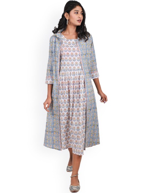 

Shuddhi Women Blue & White Printed Fit & Flared Ethnic Dresses With Shrug