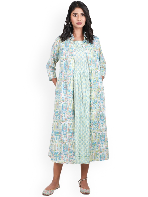 

Shuddhi Women Green Printed Ethnic Dresses With Shrug