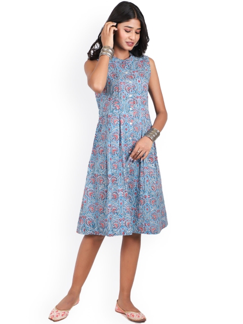 

Shuddhi Women Blue & Red Floral Handblock Printed Cotton Ethnic Dress