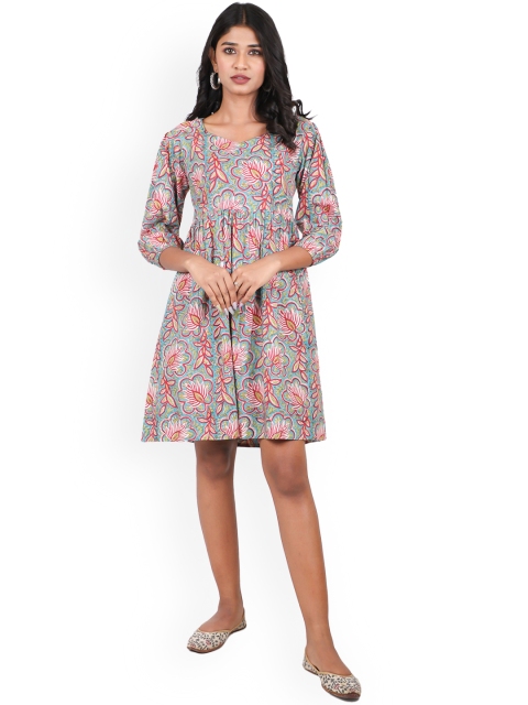 

Shuddhi Women Blue & Red Floral Handblock Printed Cotton A-Line Ethnic Dress