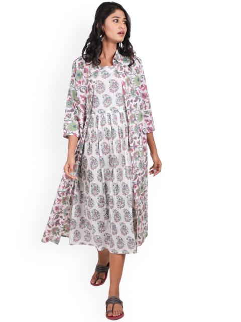 

Shuddhi Women White & Green Printed Cotton A-Line Ethnic Dresses