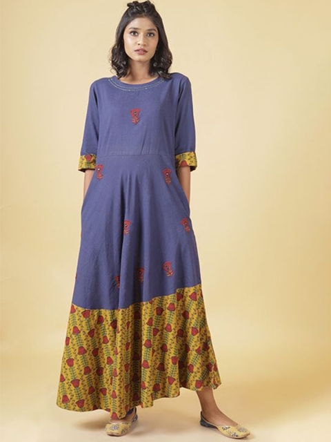 

Shuddhi Women Royal Blue & Rust Yellow Embroidered Cotton Maxi Dress